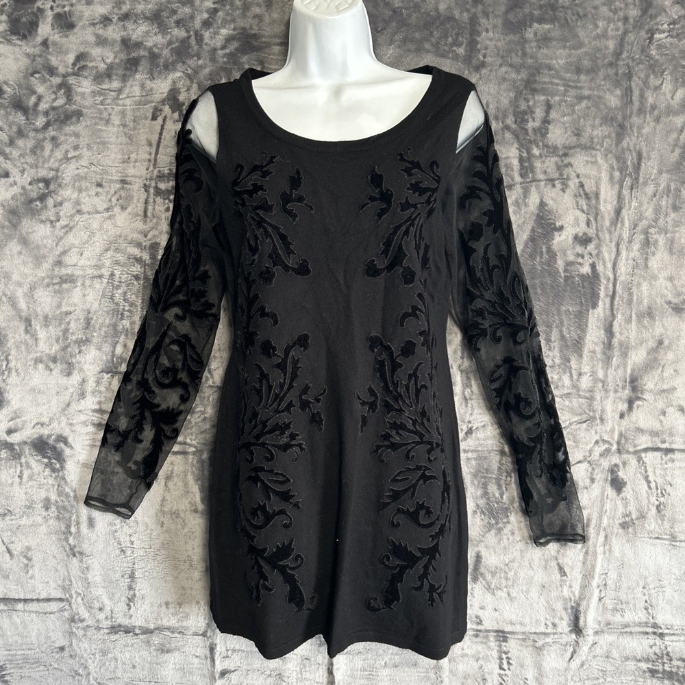 Women's‎ Small Black Flocked Mesh Top She Long Sleeve Goth Grunge Whimsigoth